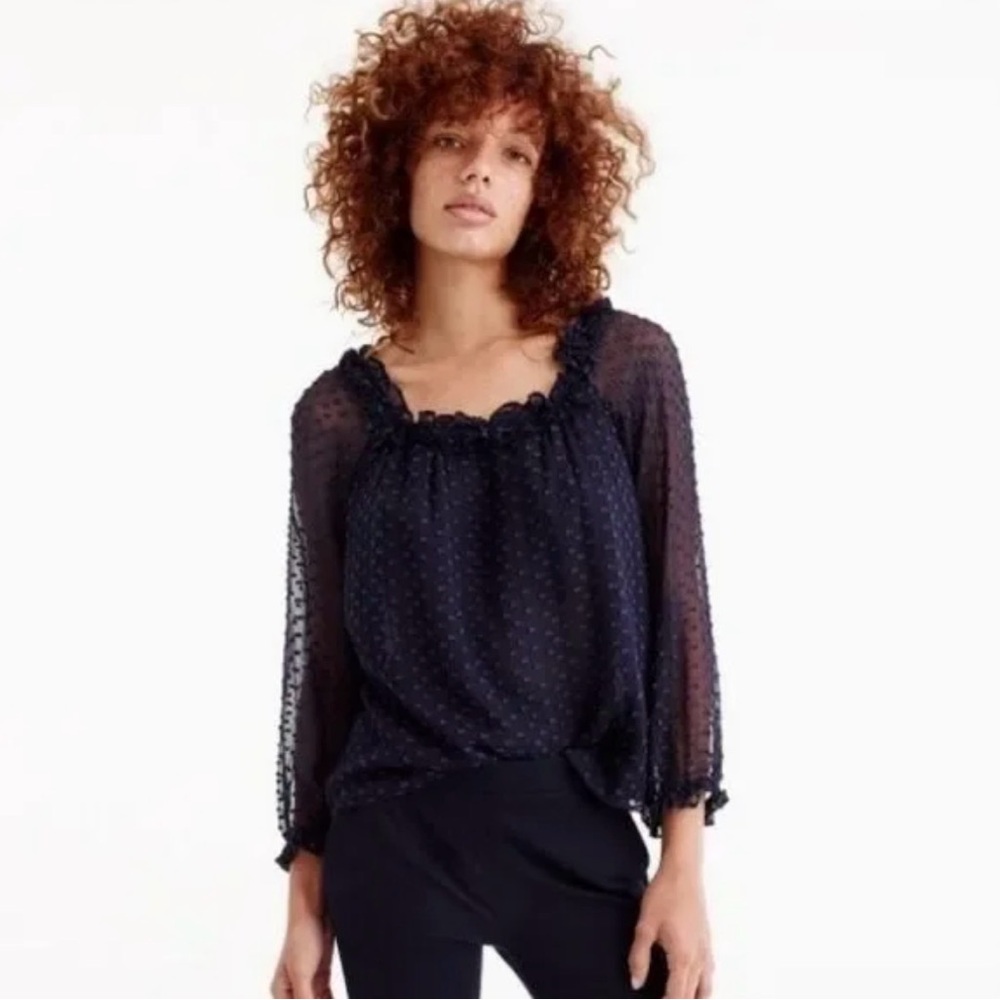 Jcrew Silk Blend Blouse Navy Sheer Ruffle Pin Dot - Small